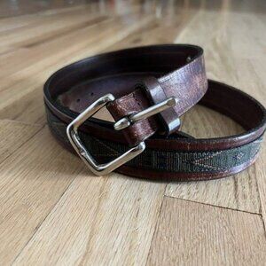 Vtg Trafalgar Brown Leather Belt Green canvas Western American silver bison 34